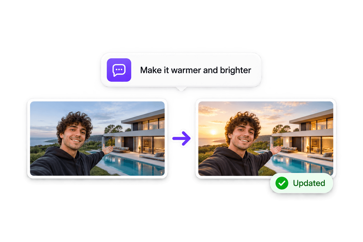 A chat request to make a thumbnail warmer and brighter with the original and updated versions